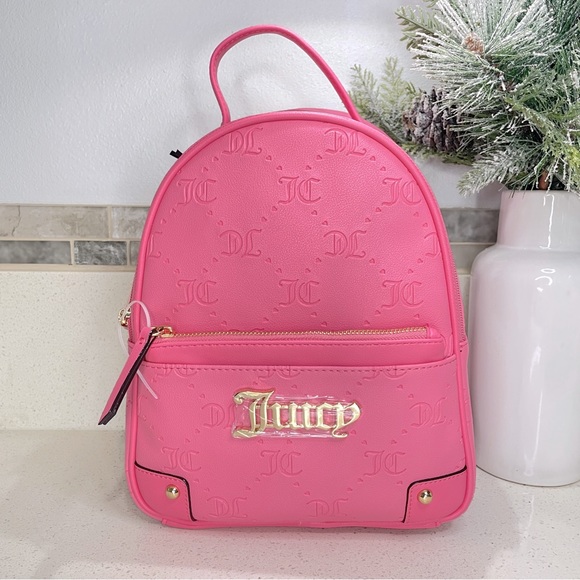 Juicy Couture Handbags - Juicy Couture Pink Embossed Monogram Mini‎ Backpack and Pouch Set Gold Hardware